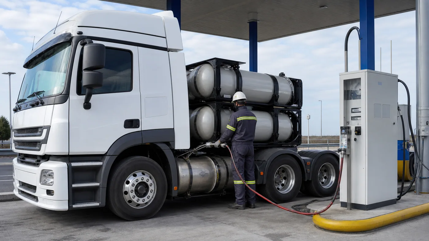 Camión pesado a gas natural cargando combustible en una estación preparada para transporte