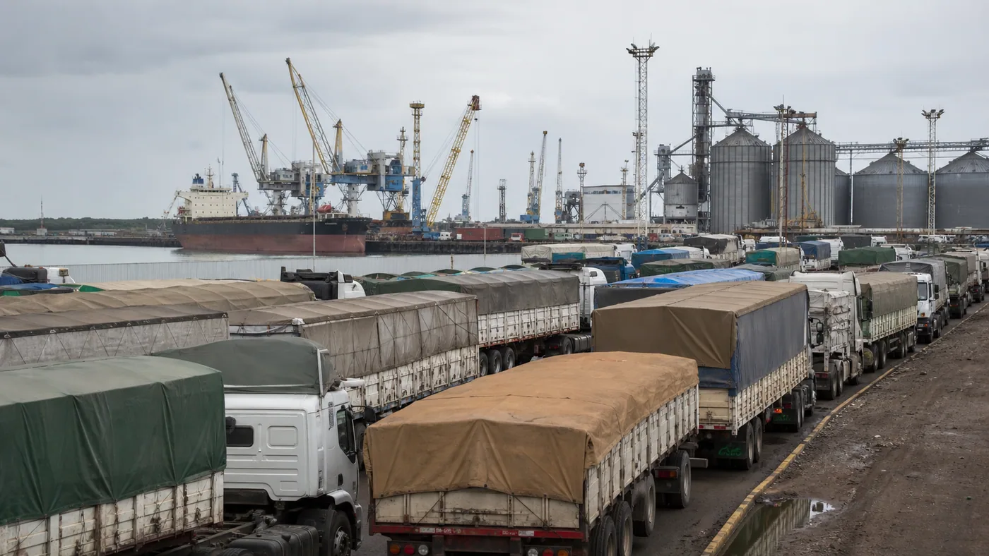 Filas de camiones esperando junto a instalaciones portuarias de Bahía Blanca