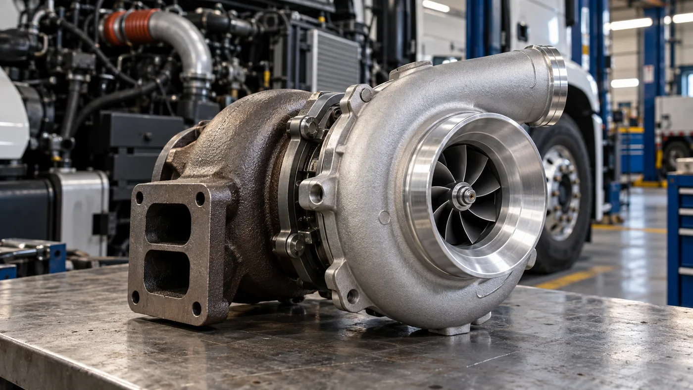 Turbocompresor de camión sobre un banco de taller con un vehículo pesado al fondo