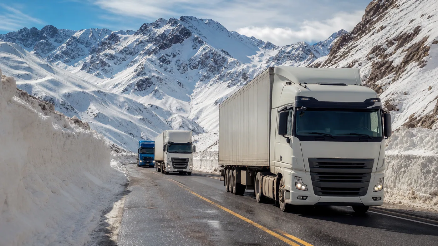 Camiones transitando una ruta nevada en la cordillera