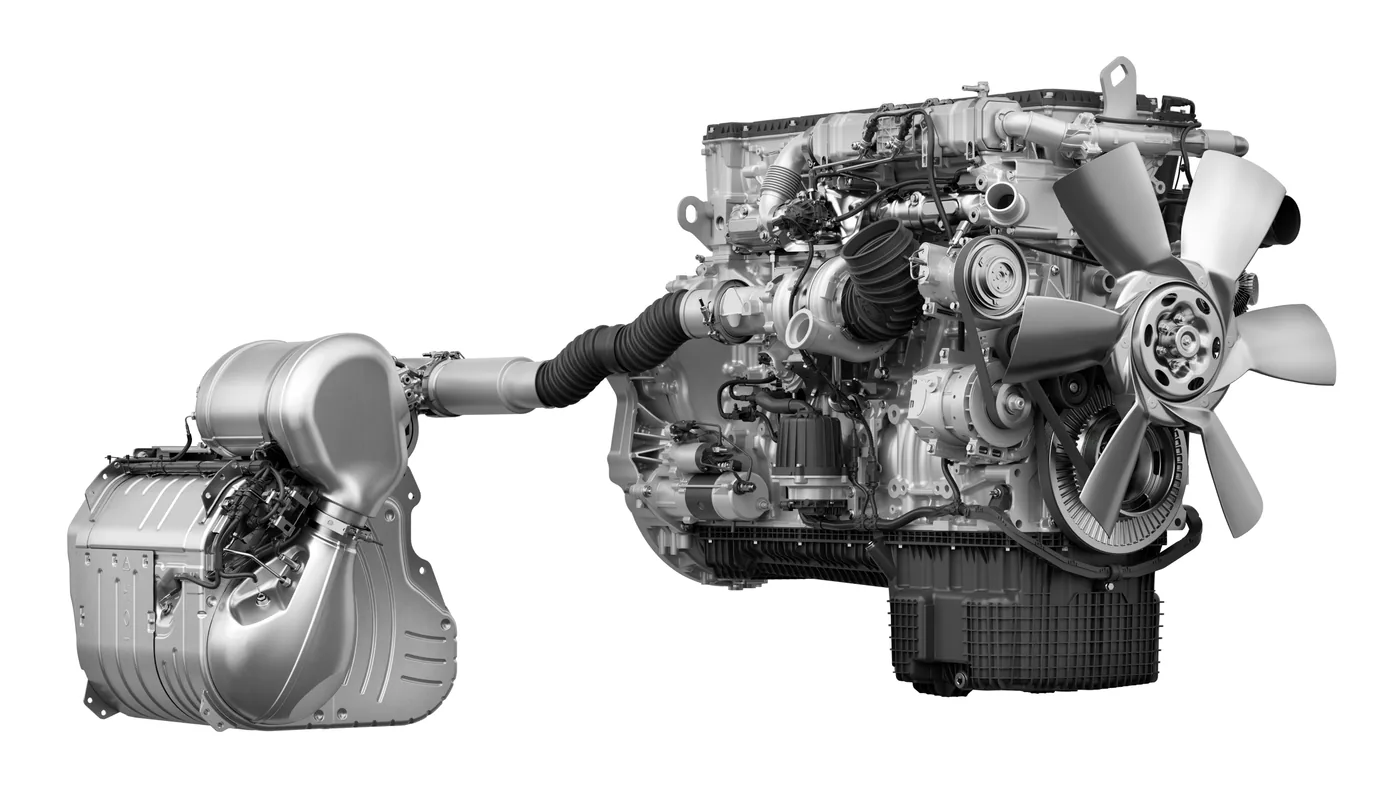 Motor Detroit Gen 6 junto a su sistema de postratamiento de gases
