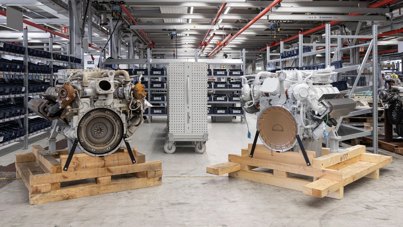 Motor MAN usado junto a otro remanufacturado en fábrica