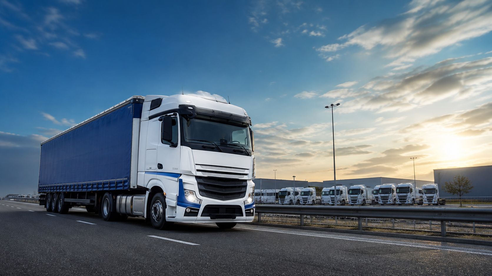 Camion pesado moderno en ruta y centro logistico