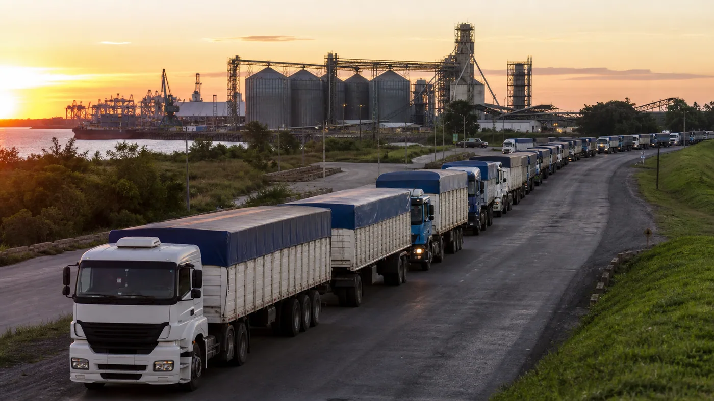 Camiones cerealeros en un acceso portuario argentino