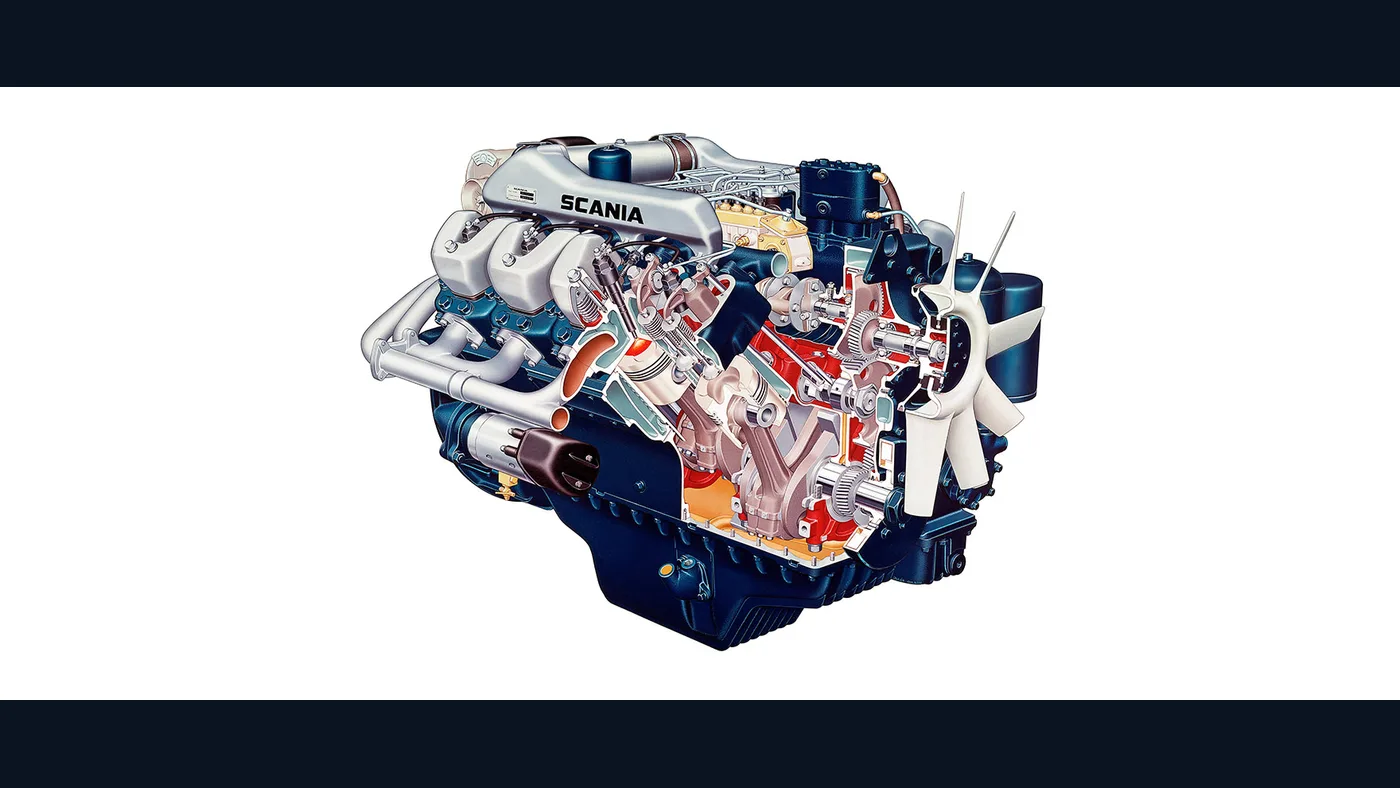 Corte técnico del motor V8 Scania de 1969 mostrando su estructura interna