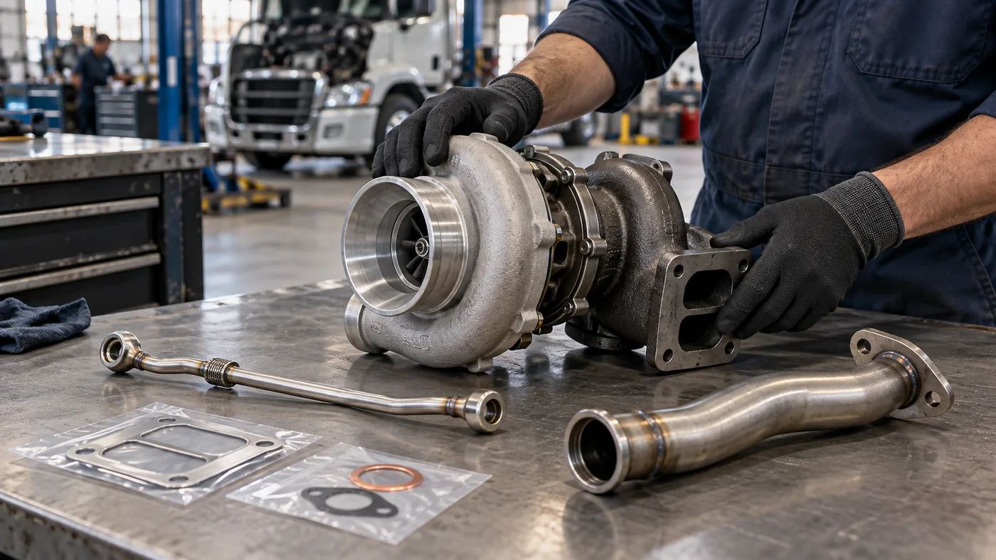 Mecánico revisando un turbocompresor y sus conexiones sobre una mesa de taller