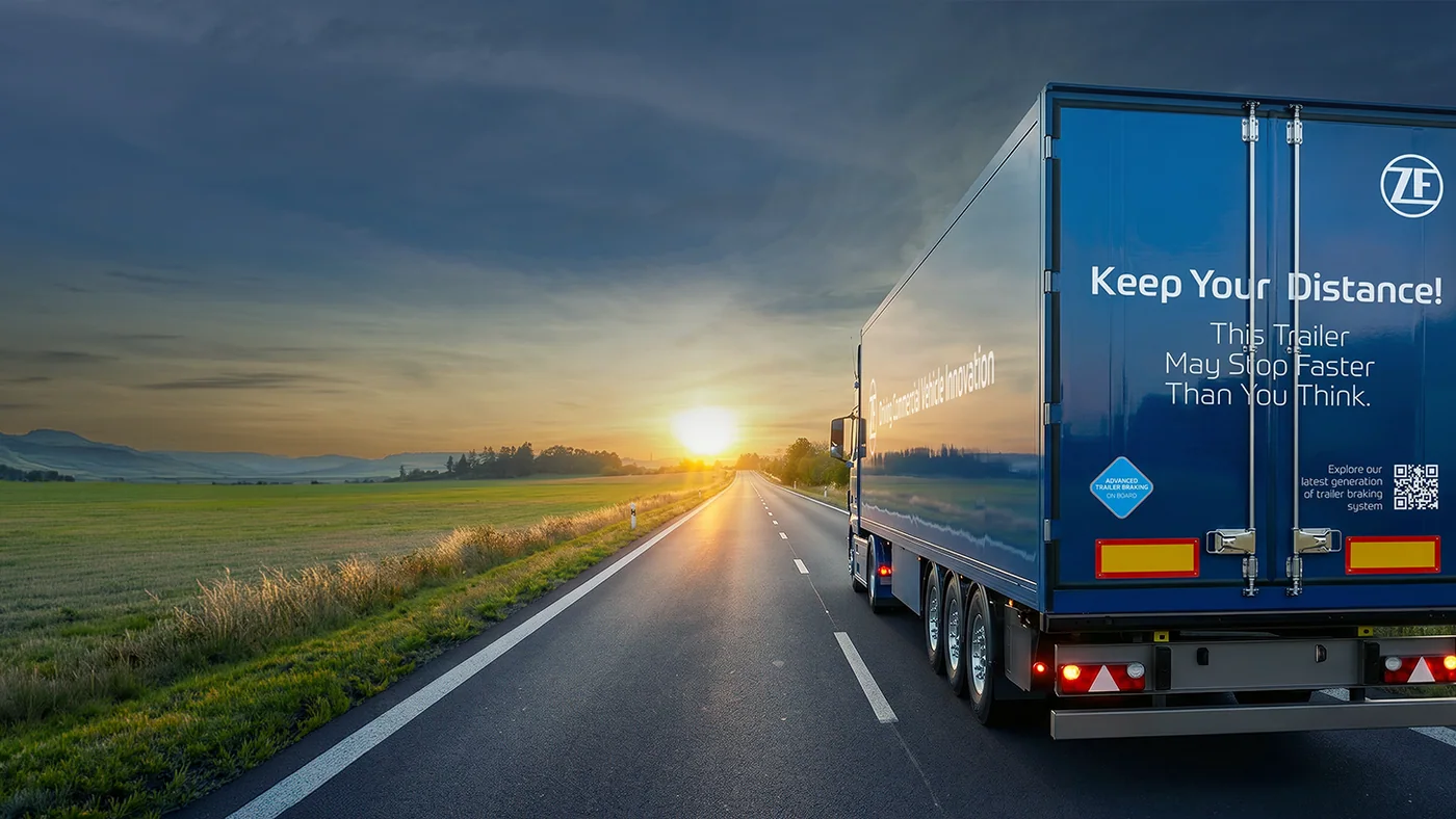 Camión con semirremolque azul de ZF en una carretera